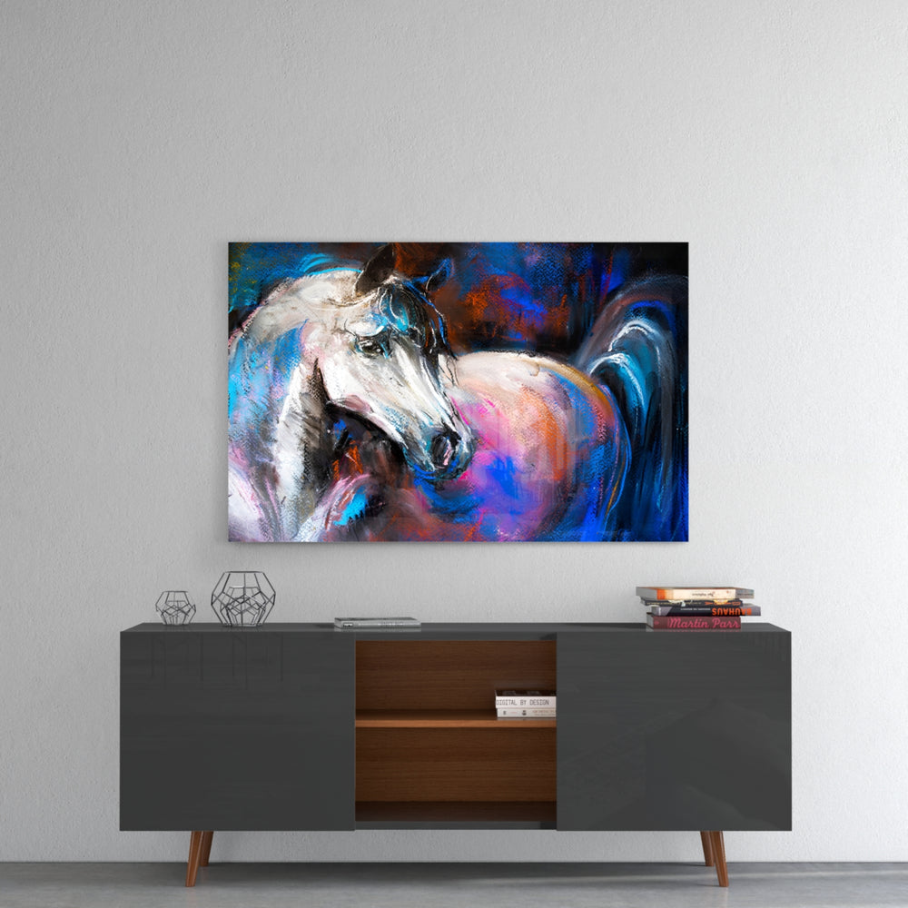 White Horse panel catching gallery light to reveal its tactile stroke