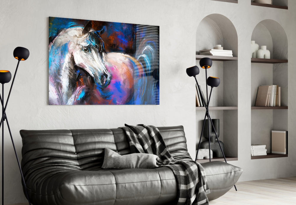 White Horse glass wall art styled above a desk in an introspective study