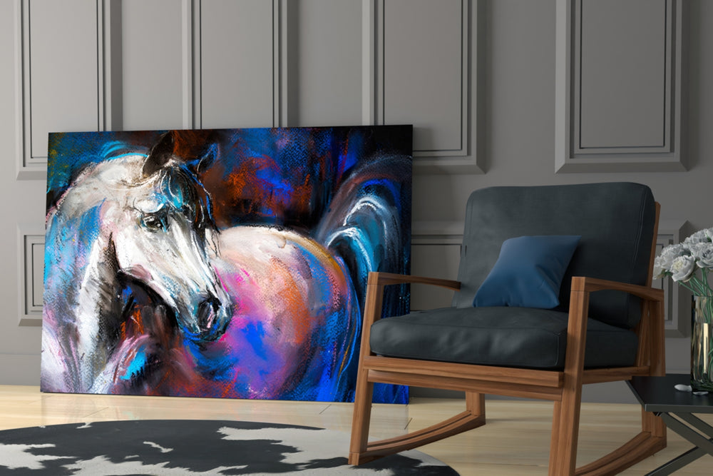 White Horse glass print enhancing a girl's room with creative spirit
