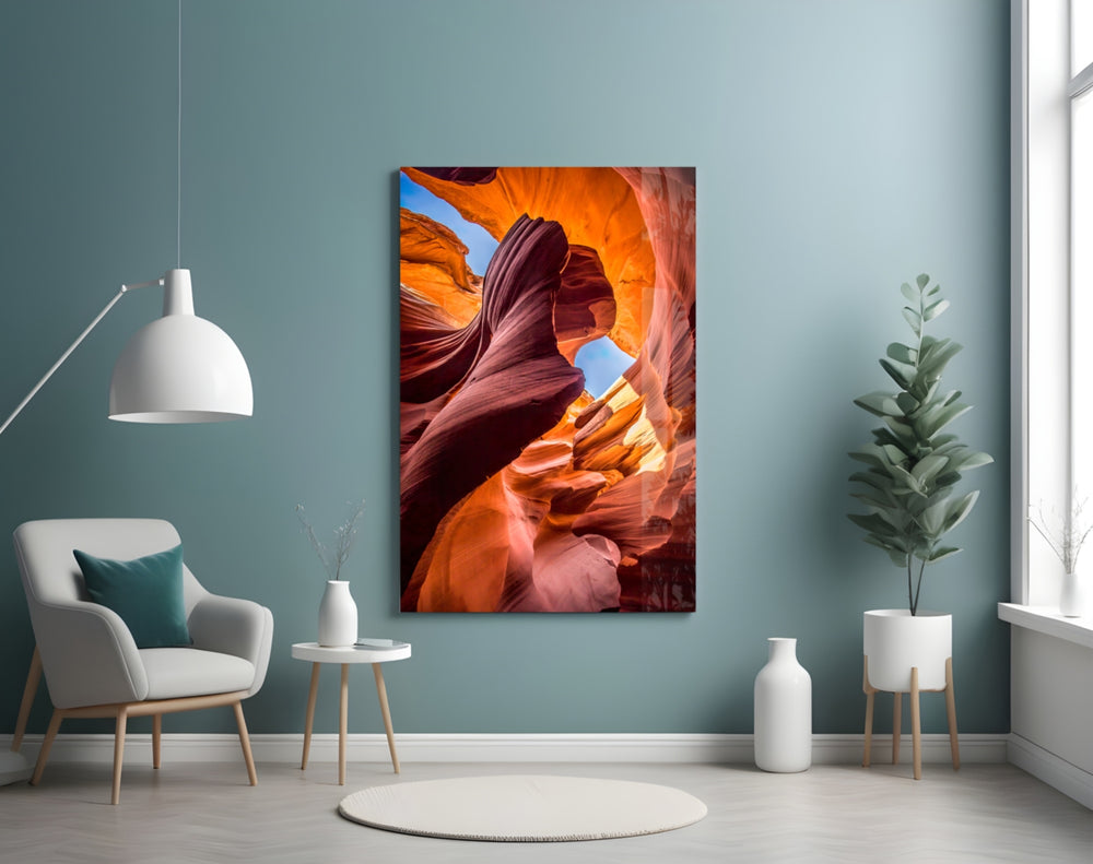 Canyon glass wall art styled above a desk in an explorer's study