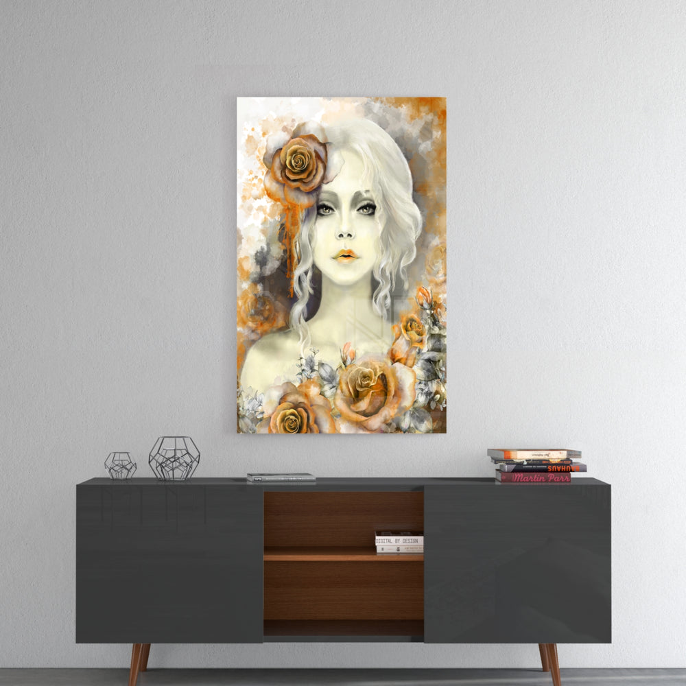 Yellow Rose and Woman panel catching gallery light to reveal its tactile bloom