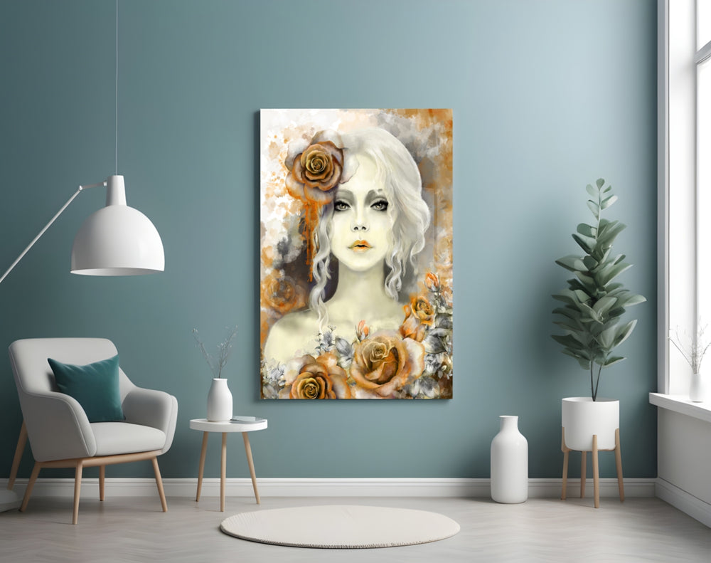 Yellow Rose and Woman glass wall art styled above a vanity in a powder room