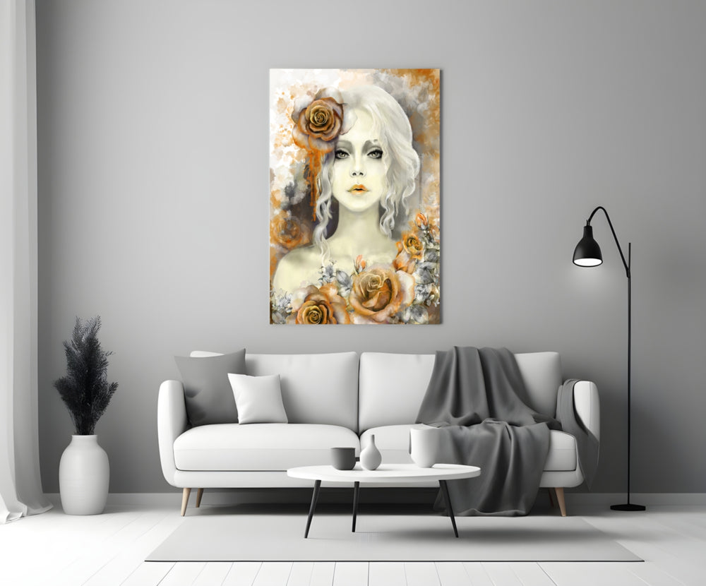 Close-up detail of amber roses framing the muse's face