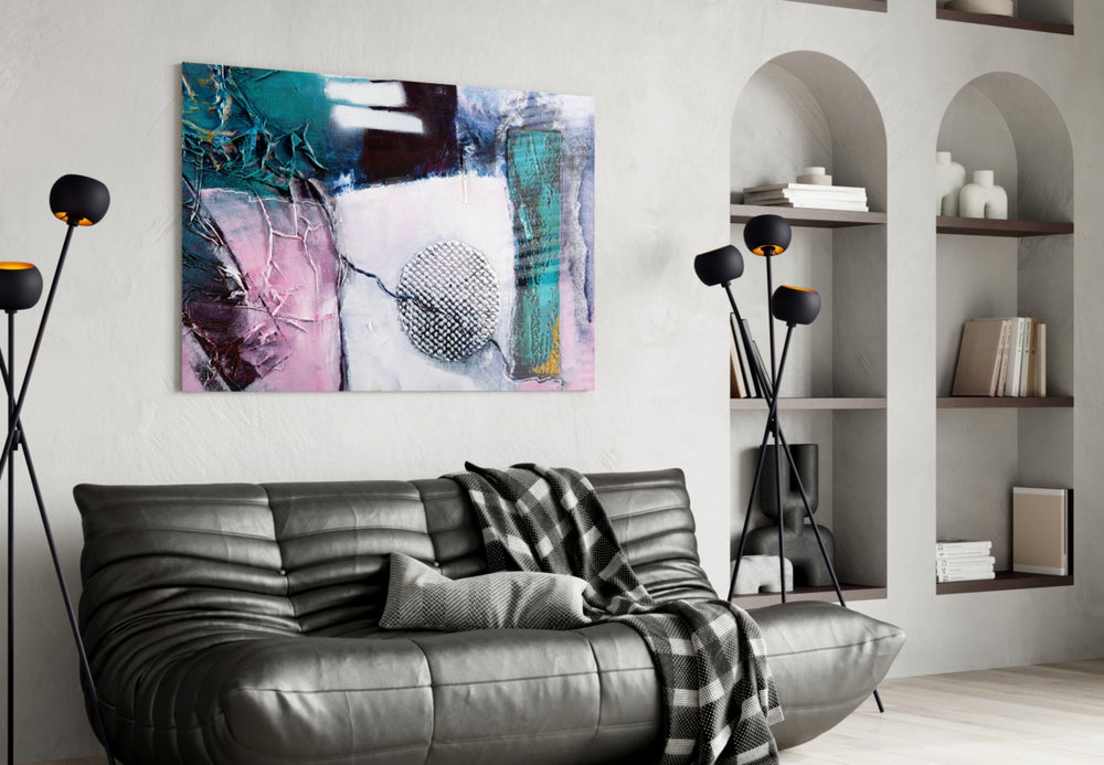 Abstract Texture glass wall art styled above a desk in a creative office