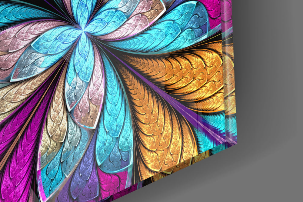 Colorful Flower artwork anchoring a wall with bold mosaic palette