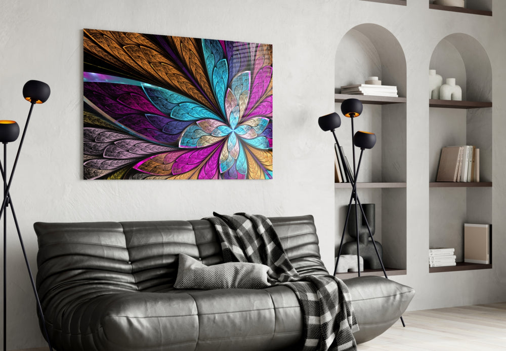 Colorful Flower glass wall art styled above a desk in a creative office
