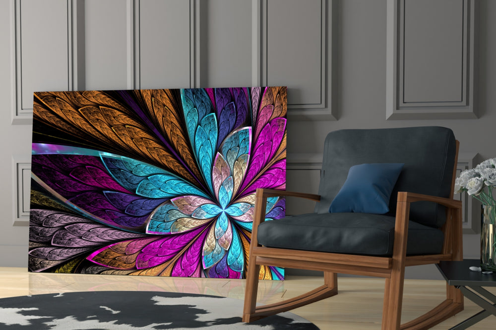 Colorful Flower glass print enhancing a foyer with editorial drama