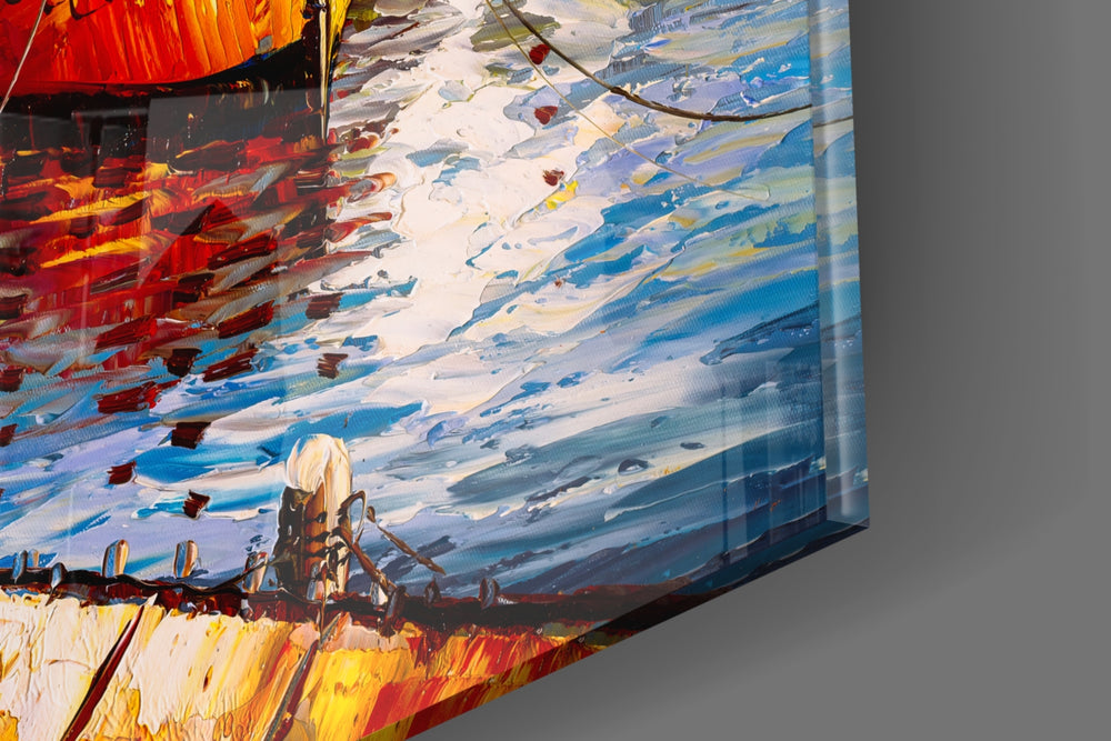 Boats on the Shore artwork anchoring a wall with warm painterly palette