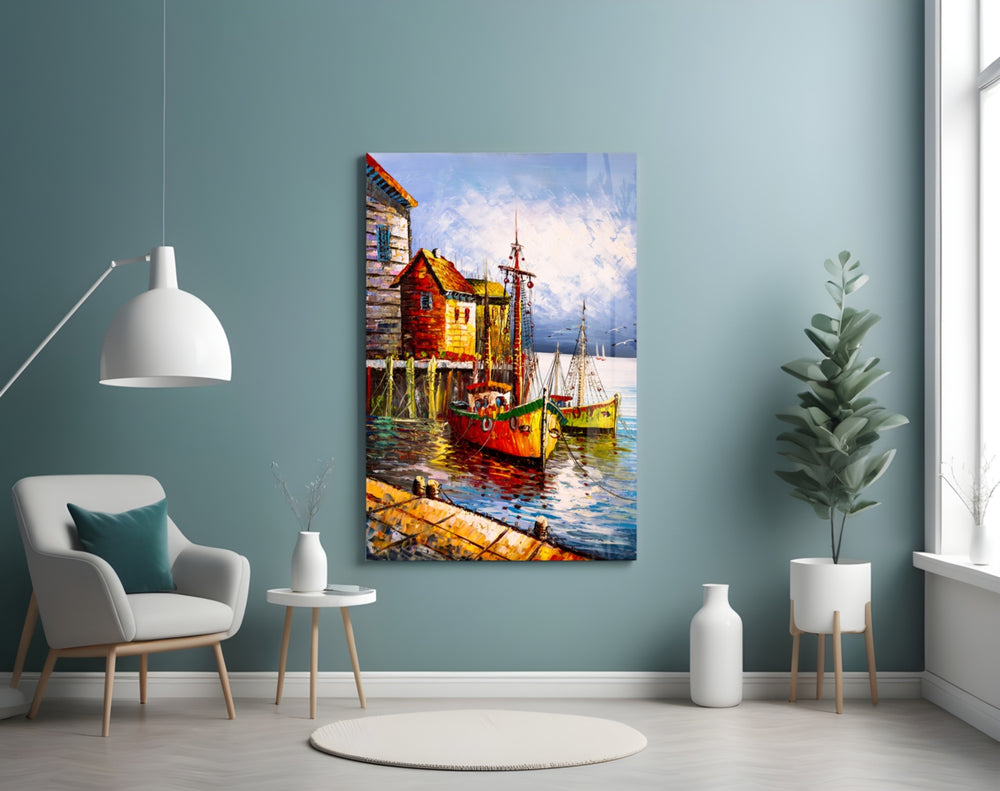 Boats on the Shore glass wall art styled above a bench in a coastal cabin
