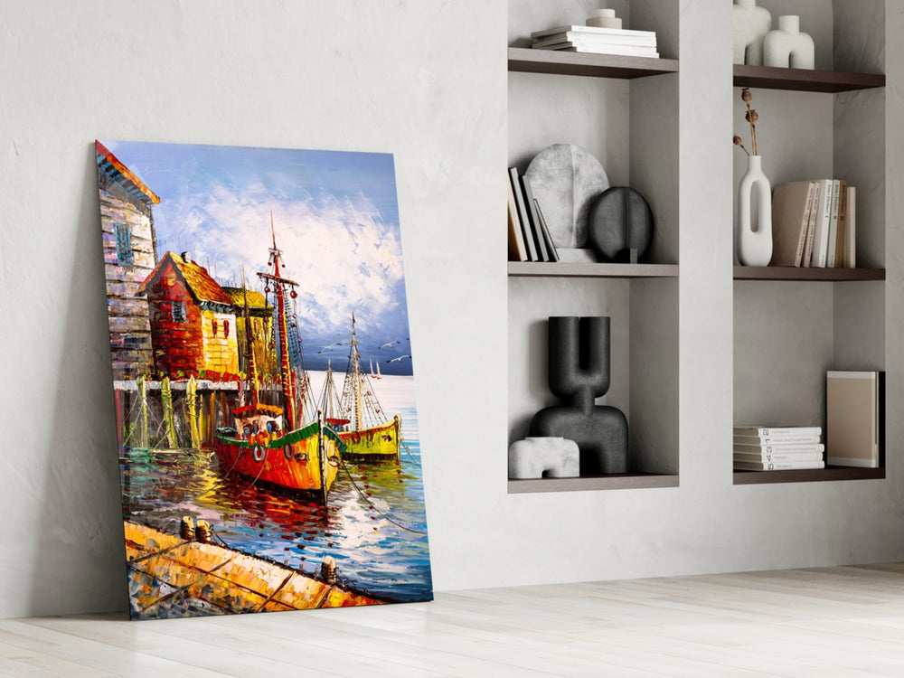 Boats on the Shore glass print enhancing a kitchen with cottage spirit