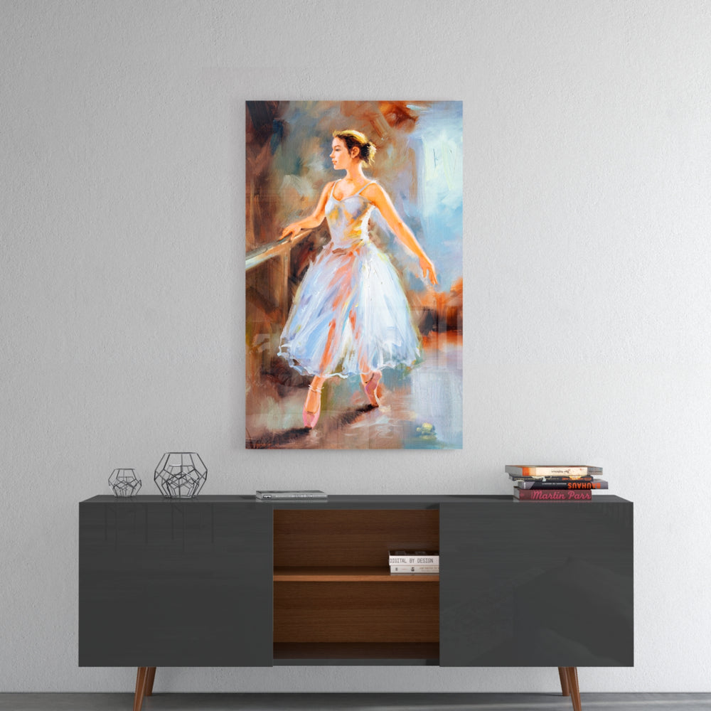 Ballerina panel catching gallery light to reveal its tactile stroke