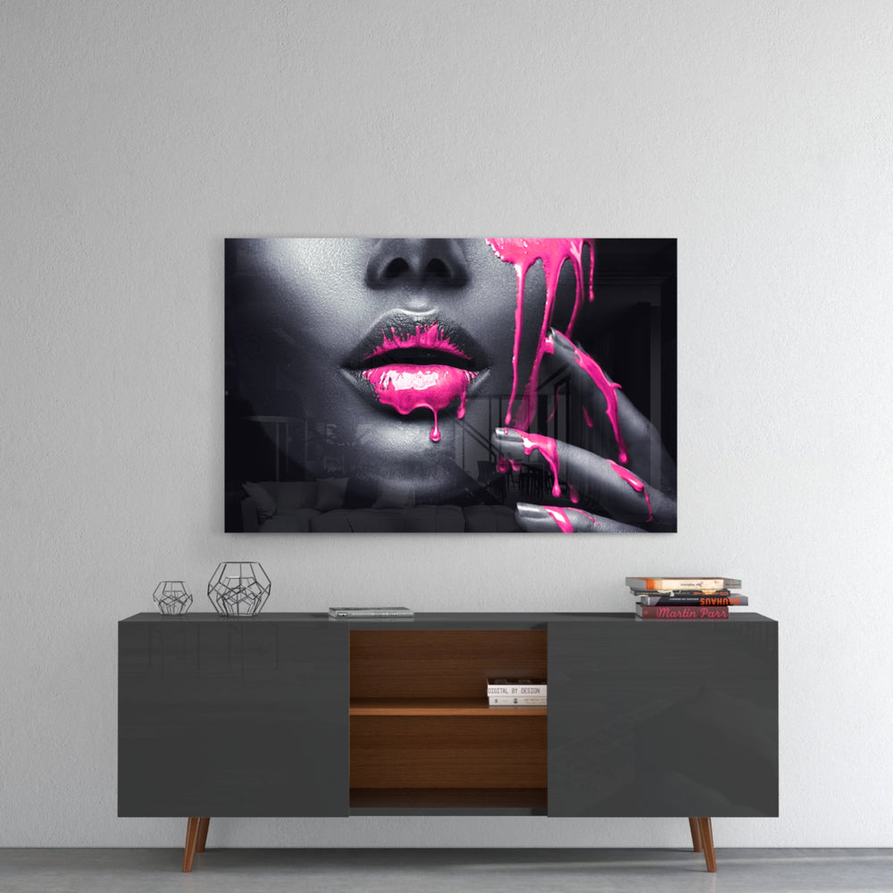 Pink Painted Woman panel catching gallery light to reveal its tactile gloss