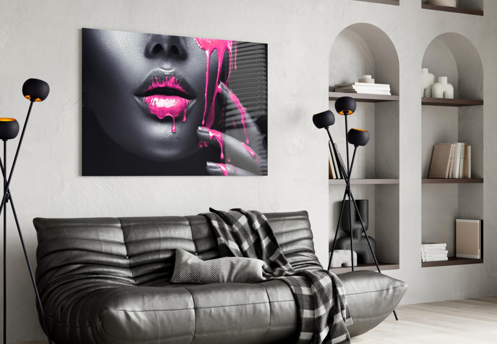 Pink Painted Woman glass wall art styled above a vanity in a powder room
