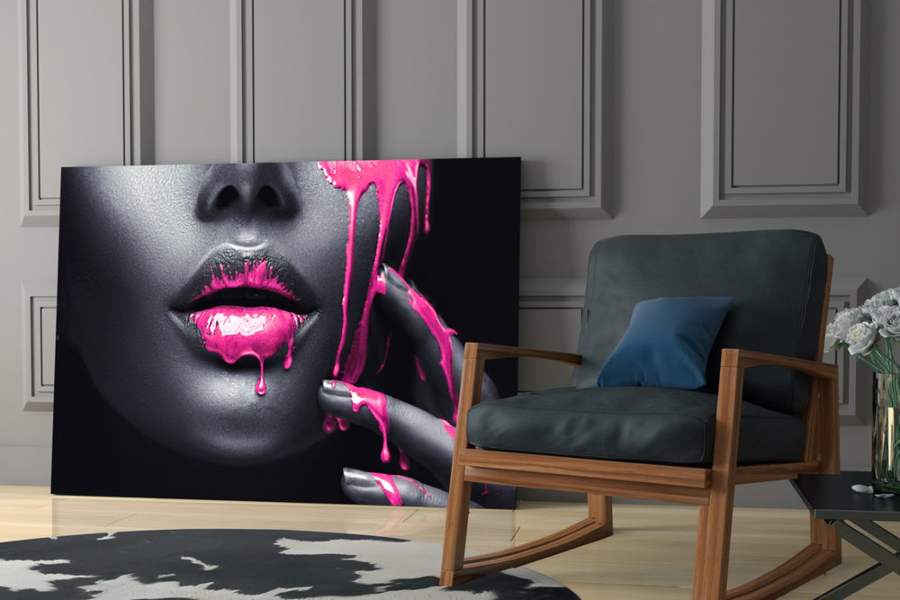 Pink Painted Woman glass print enhancing a foyer with editorial drama