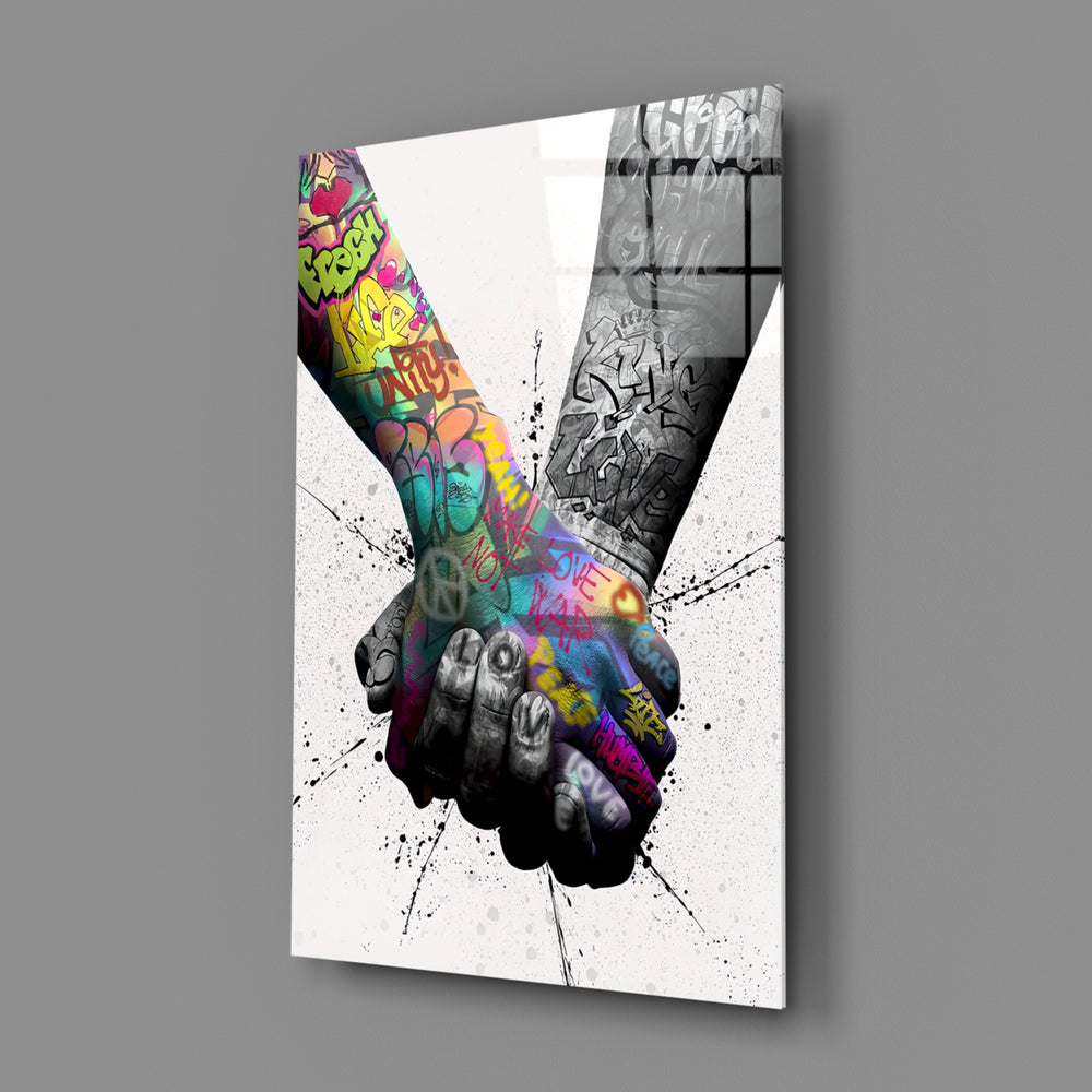 Graffiti-hands panel bringing unity drama to a contemporary living space