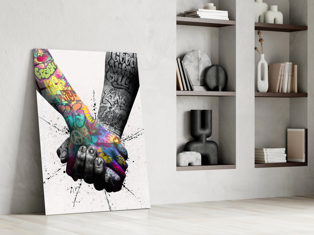 Hand in Hand glass print enhancing a foyer with statement focal point