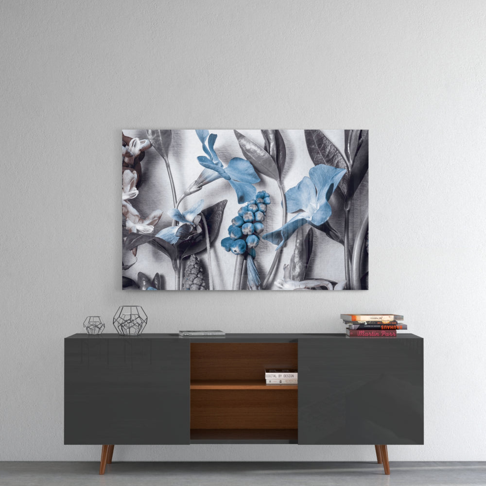 Blue Flowers panel catching gallery light to reveal its tactile texture