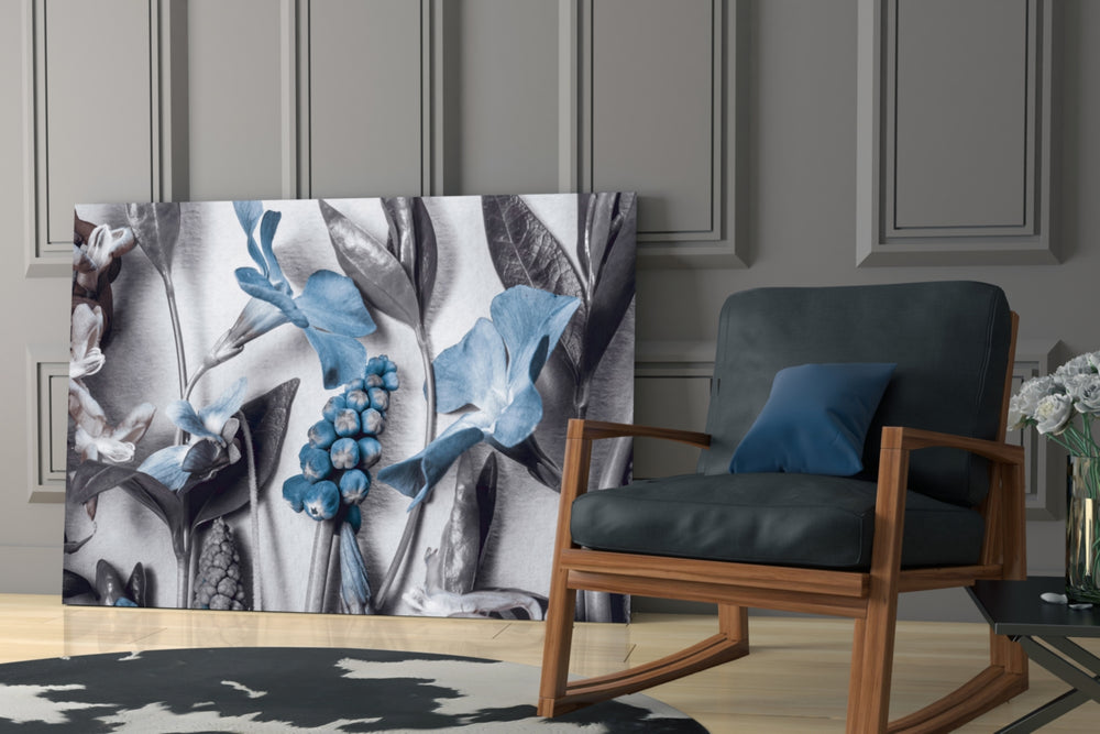 Blue Flowers glass print enhancing a foyer with editorial drama