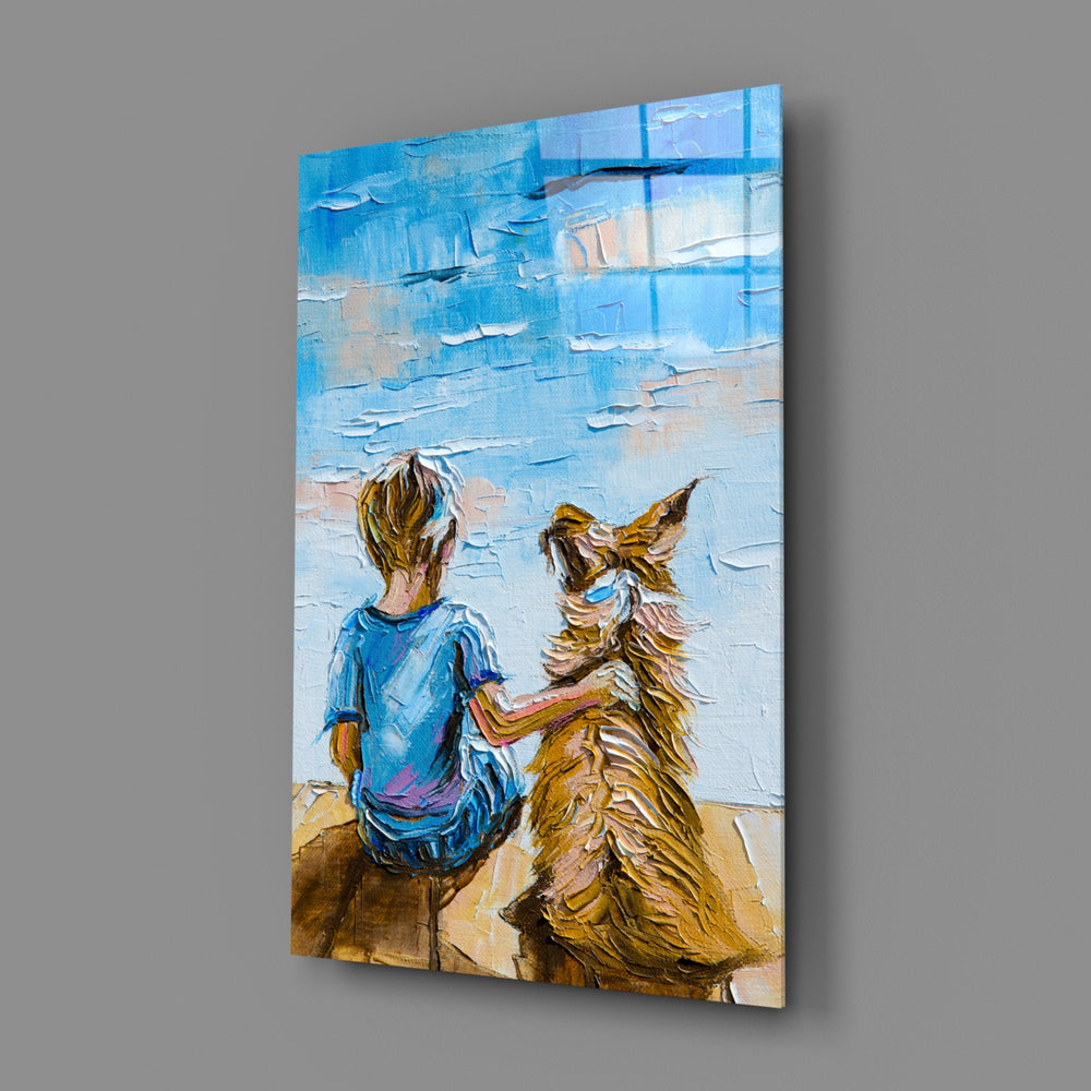 Boy-and-dog panel bringing sentimental warmth to a contemporary living space