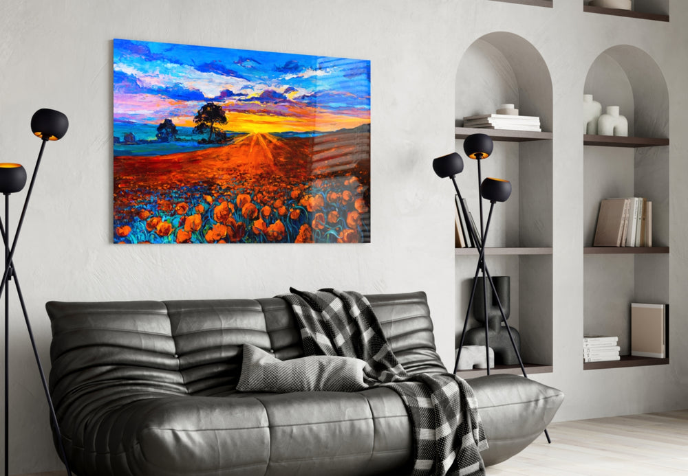 Poppy Field glass wall art styled above a desk in a country study