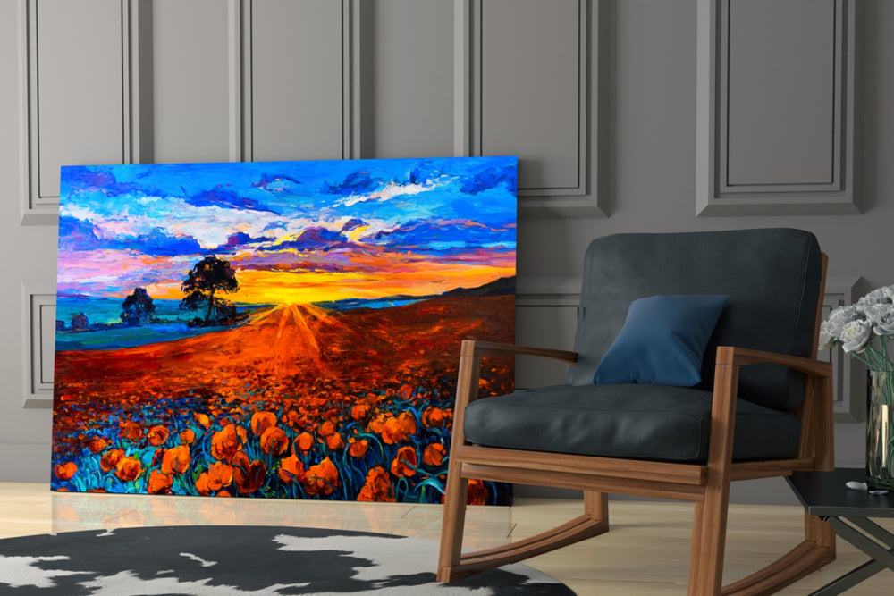 Poppy Field glass print enhancing a foyer with sunset spirit