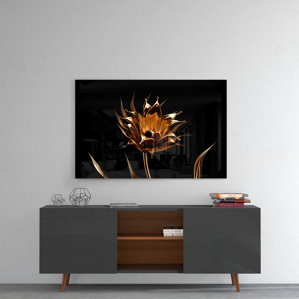 Golden Flower panel catching gallery light to reveal its tactile shimmer