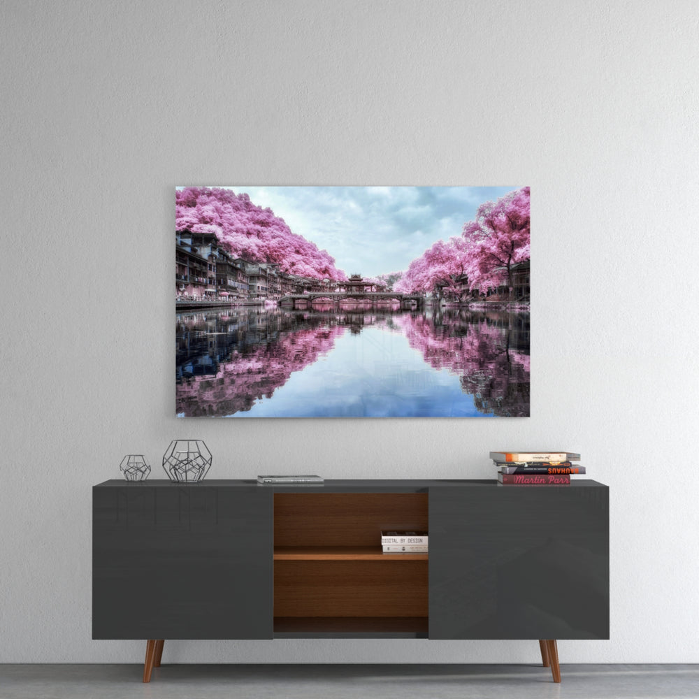 Pink Landscape panel catching gallery light to reveal its tactile shimmer