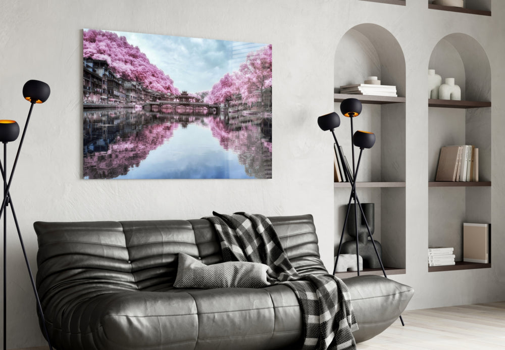 Pink Landscape glass wall art styled above a vanity in a powder room