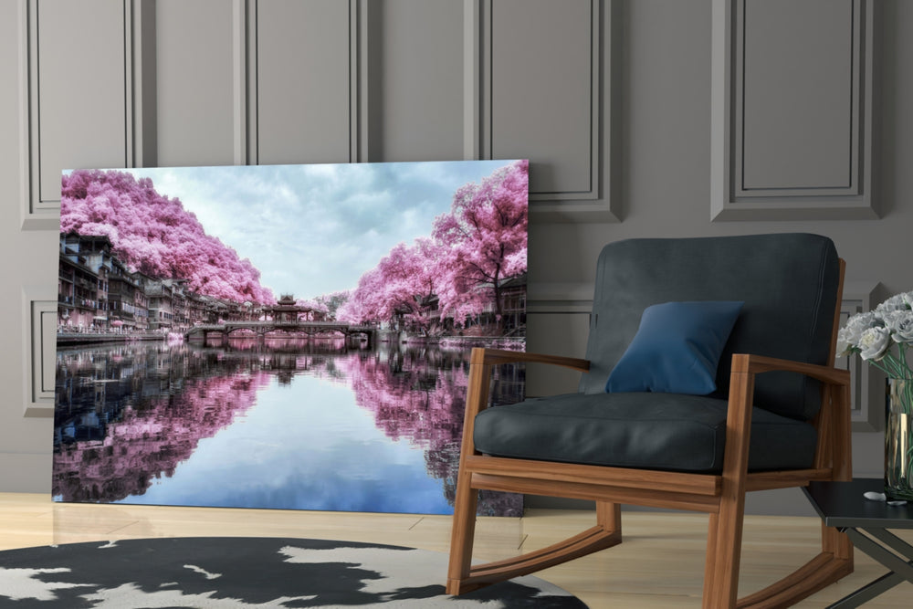 Pink Landscape glass print enhancing a foyer with travel spirit