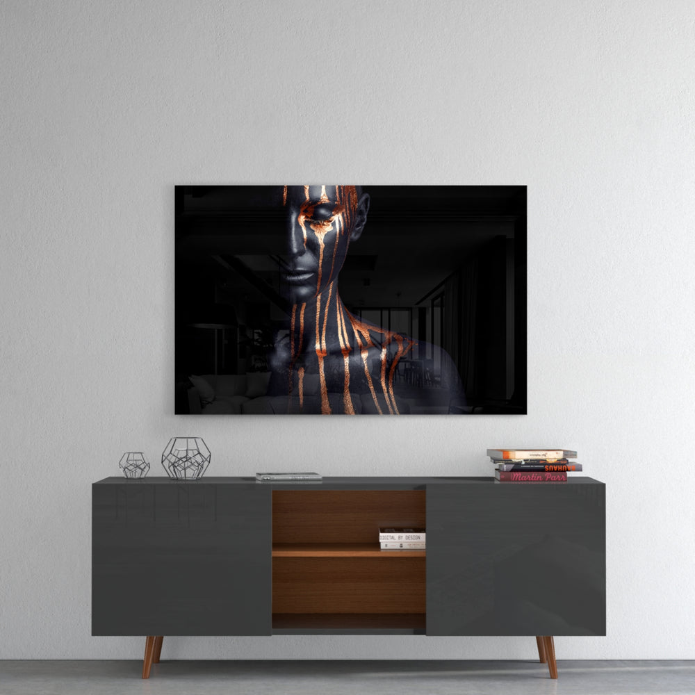 Women's panel catching gallery light to reveal its tactile gloss