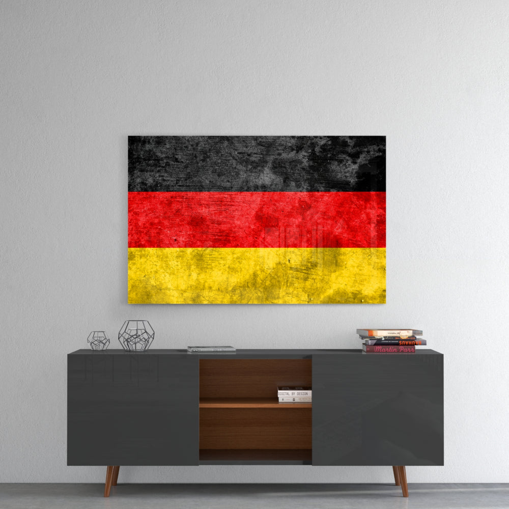 German Flag panel catching gallery light to reveal its tactile grain