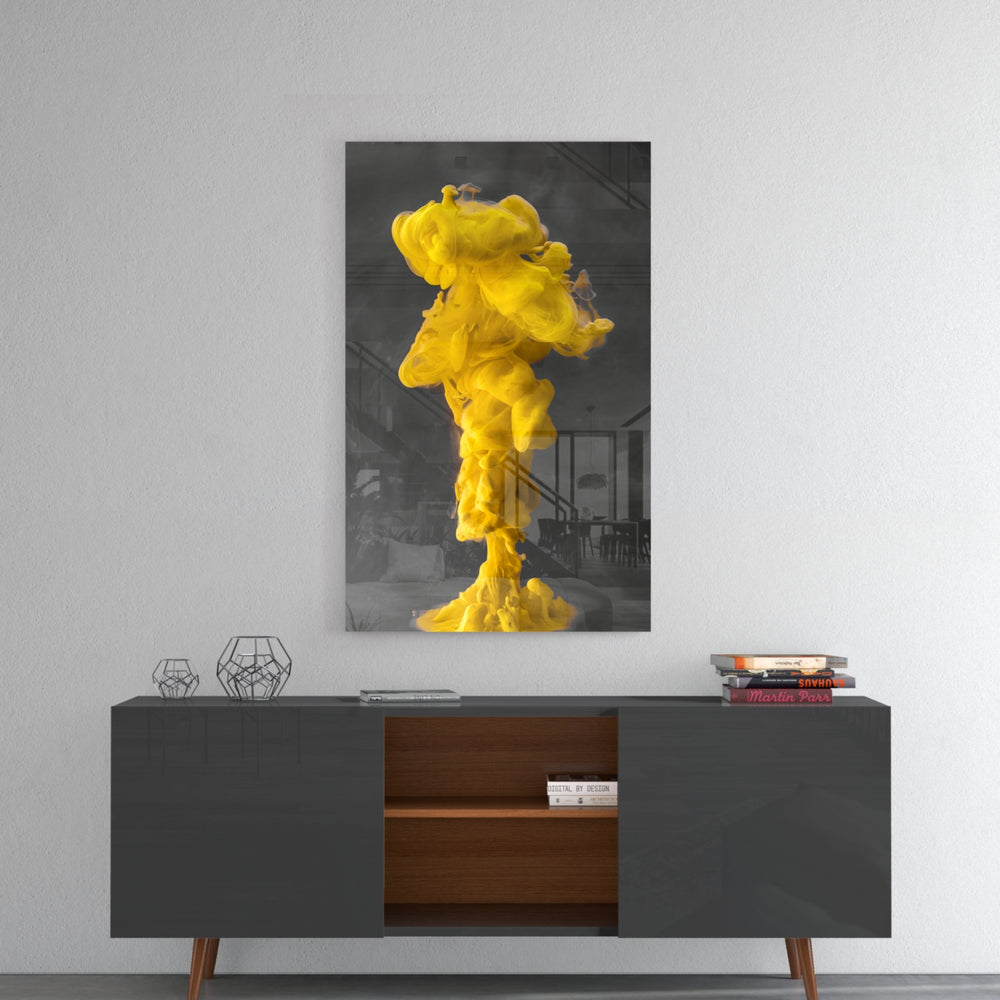 Yellow Smoke panel catching gallery light to reveal its tactile flow