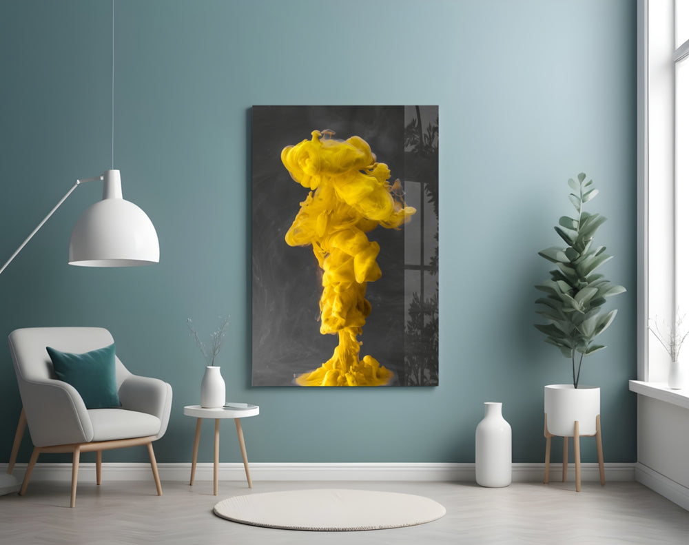 Yellow Smoke glass wall art styled above a desk in a kinetic study