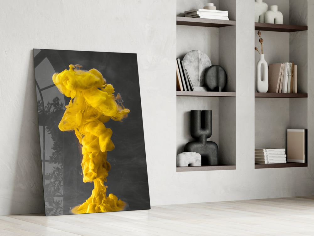 Yellow Smoke glass print enhancing a creative office with editorial drama