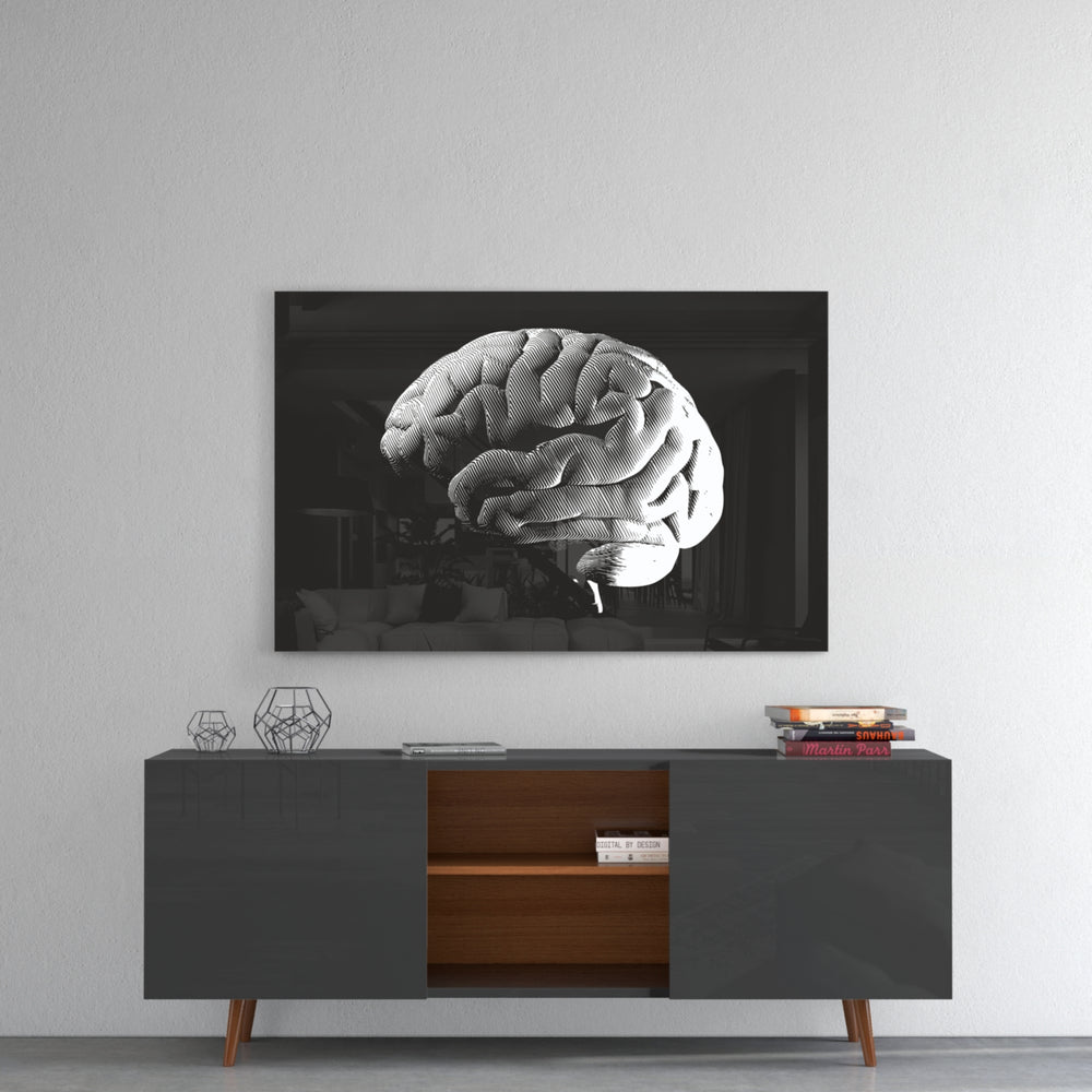 Brain panel catching gallery light to reveal its tactile hatch