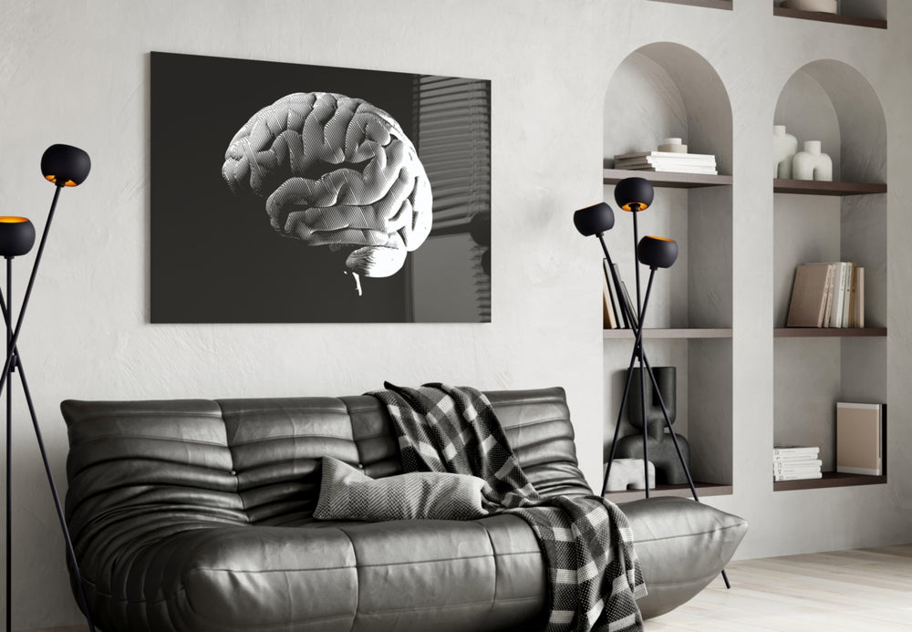 Brain glass wall art styled above a desk in a discipline study