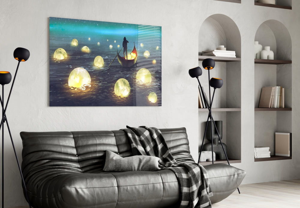 Moon Collector glass wall art styled above a bed in a child's room