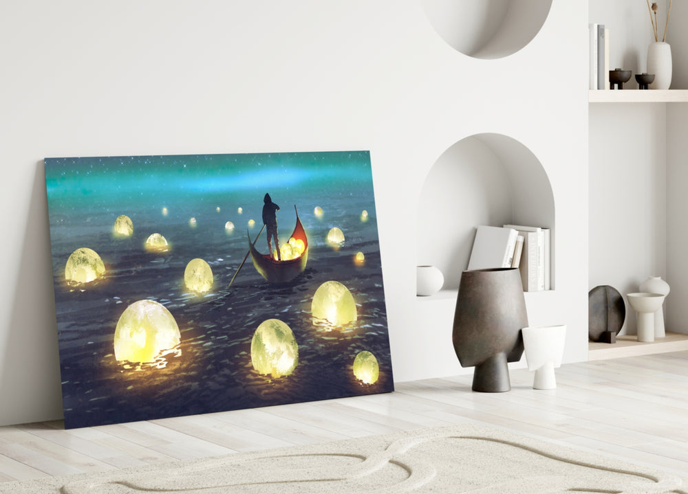 Close-up detail of glowing-egg moons floating on night sea