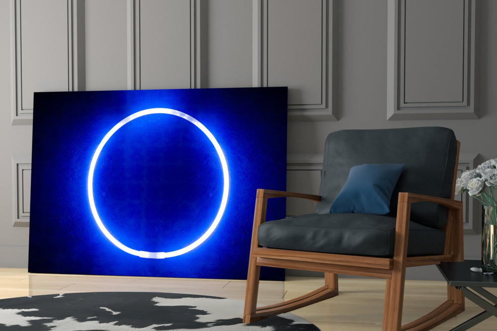 Blue Ring glass print enhancing a lounge with after-hours drama