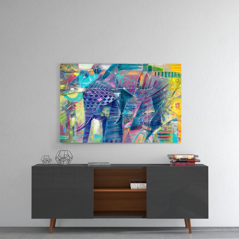 Elephant panel catching gallery light to reveal its tactile ridge