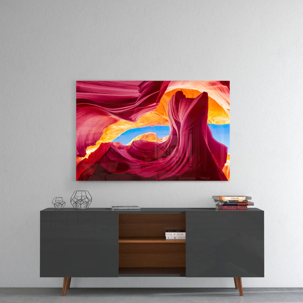 Red Valley panel catching gallery light to reveal its tactile striation