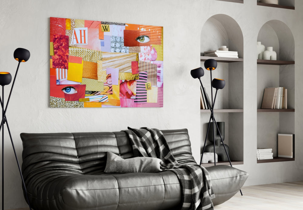 Modern Patchwork glass wall art styled above a desk in a creative office