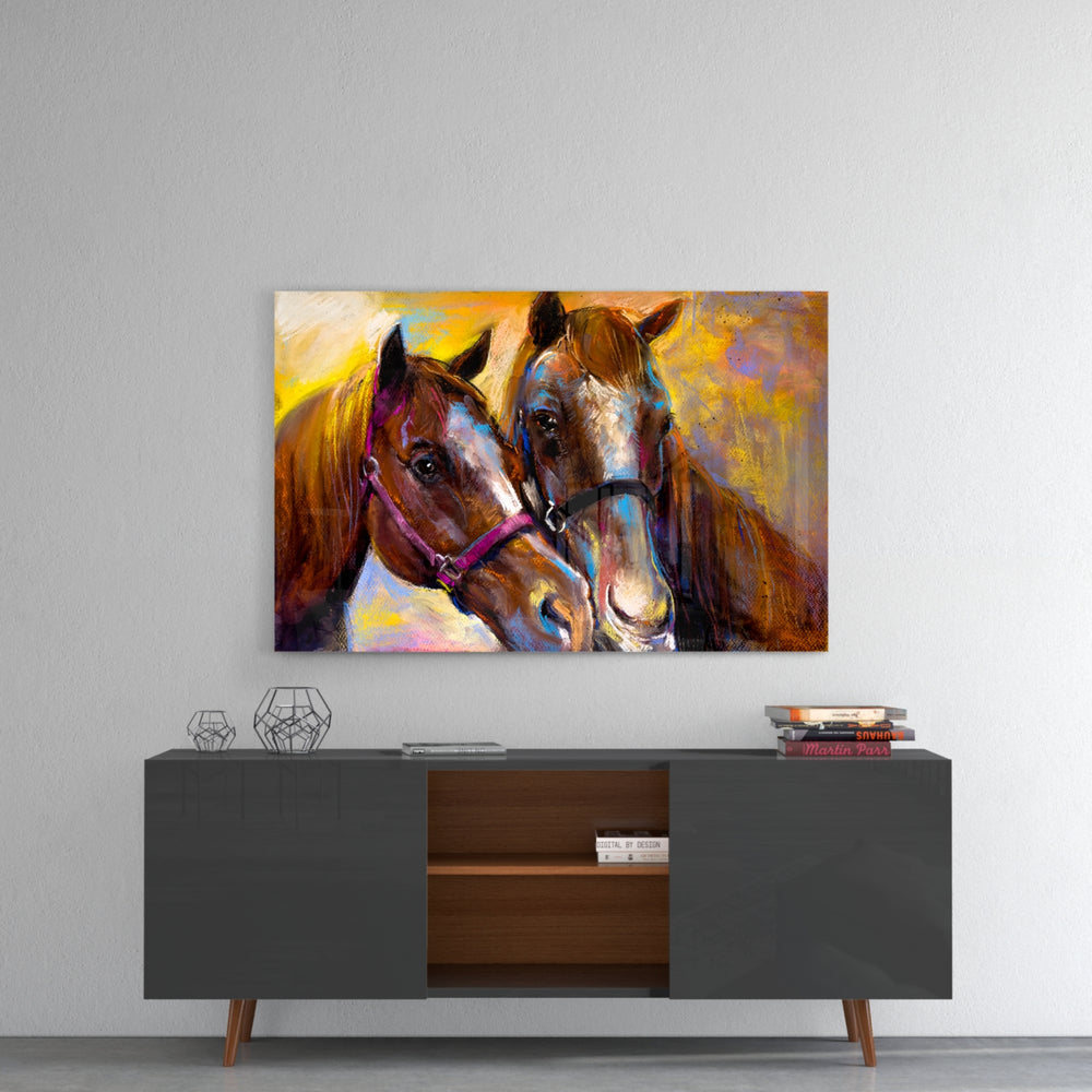 Horses panel catching gallery light to reveal its tactile texture