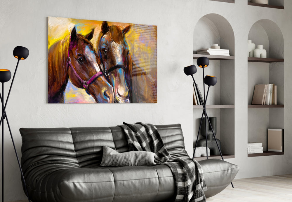 Horses glass wall art styled above a desk in a country study