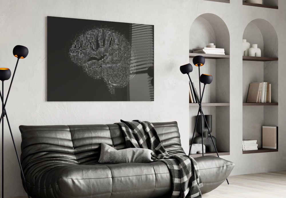 Brain glass wall art styled above a desk in a discipline study