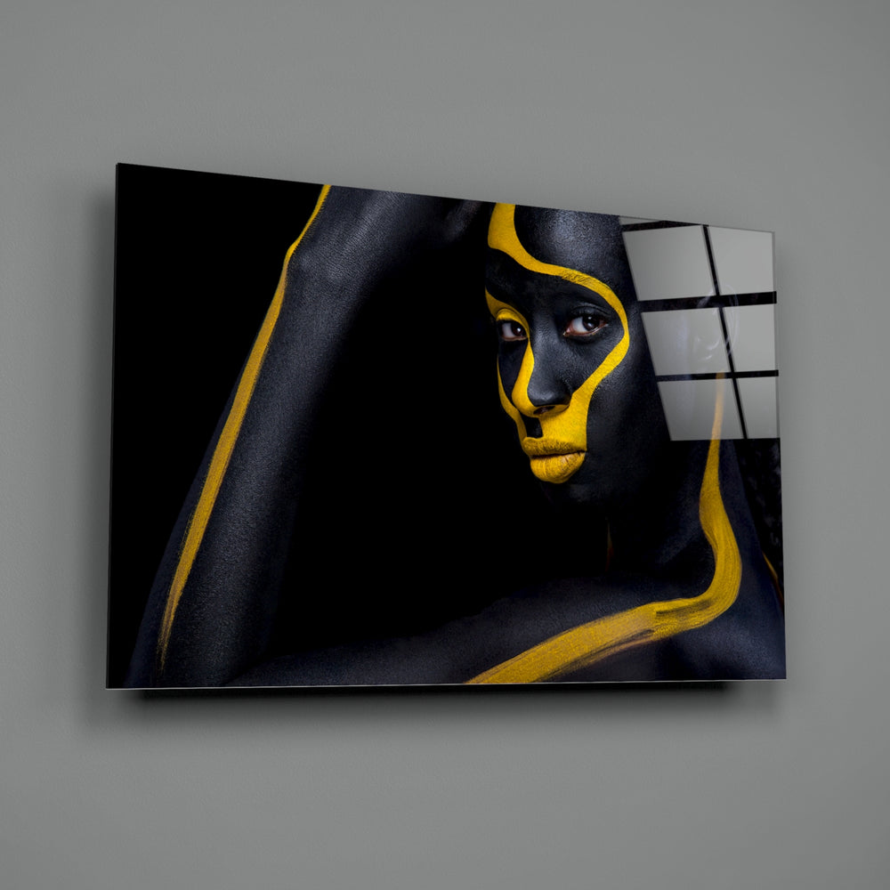 Yellow-stripe panel bringing editorial drama to a contemporary living space