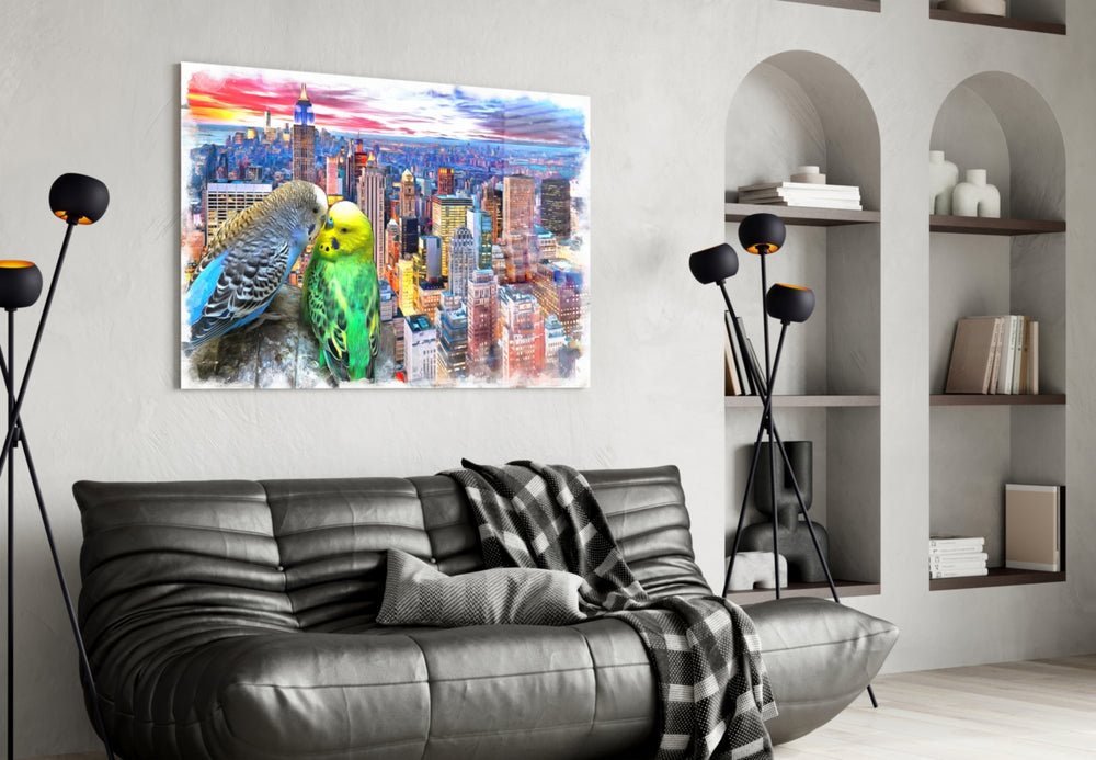 Budgies glass wall art styled above a desk in a child's room