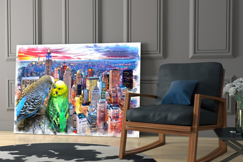 Budgies glass print enhancing a creative office with editorial mood