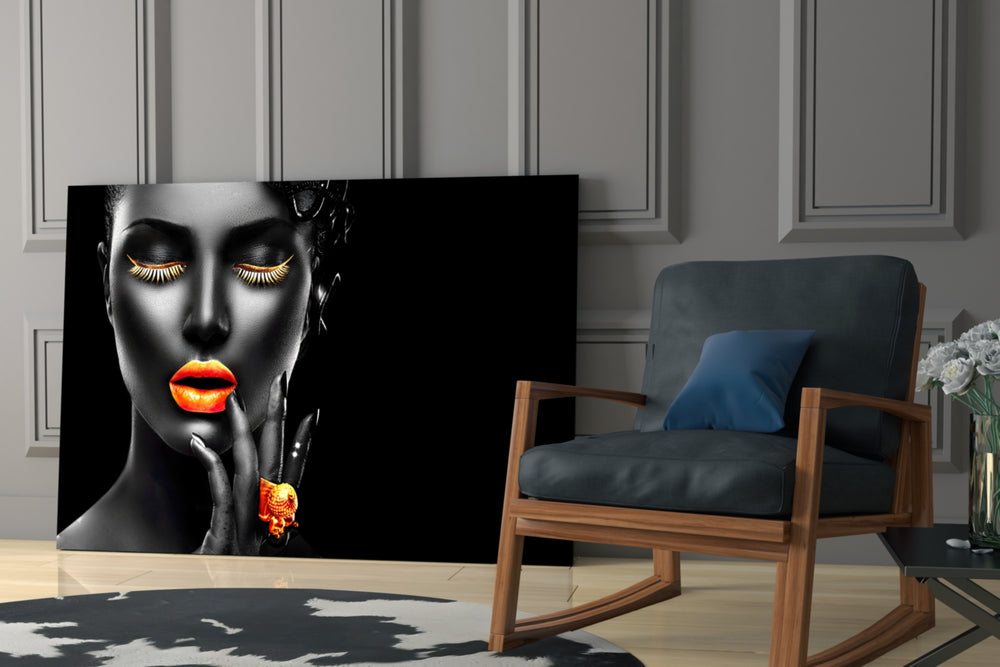 The Power of Orange glass print enhancing a foyer with statement focal point