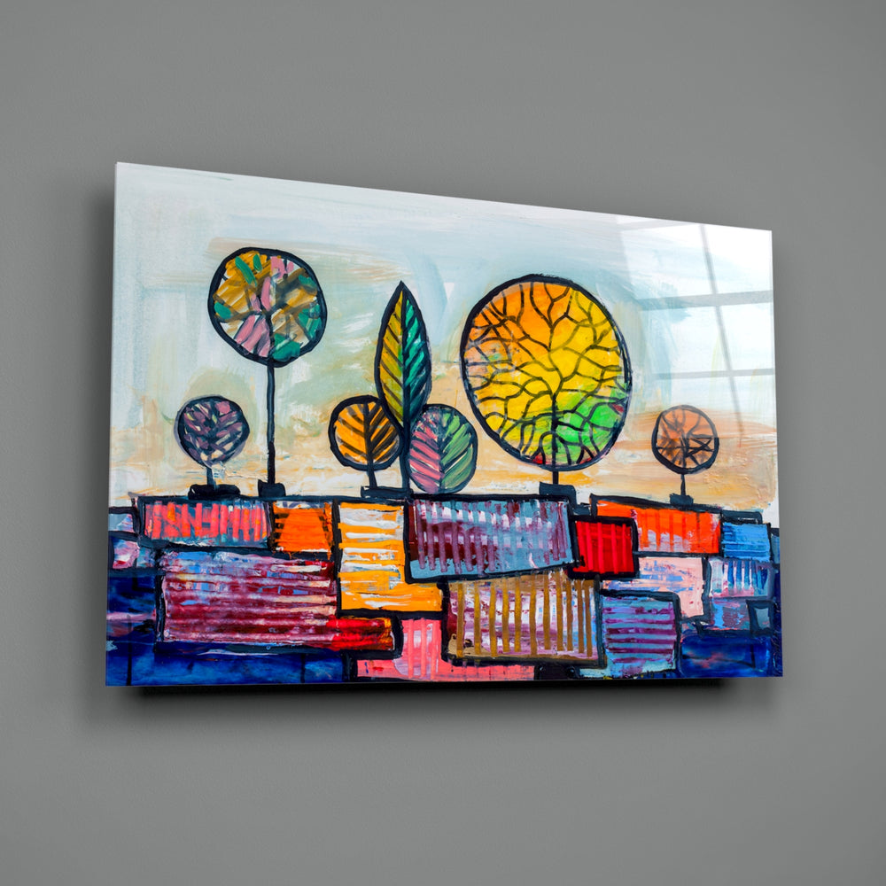 Folk-cityscape panel bringing whimsy charm to a contemporary living space